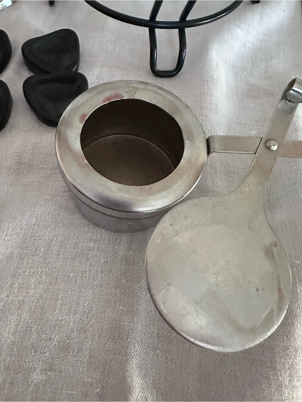 Stainless Steel Fondue Pot Set with Black Stand and Wood-Handled Forks